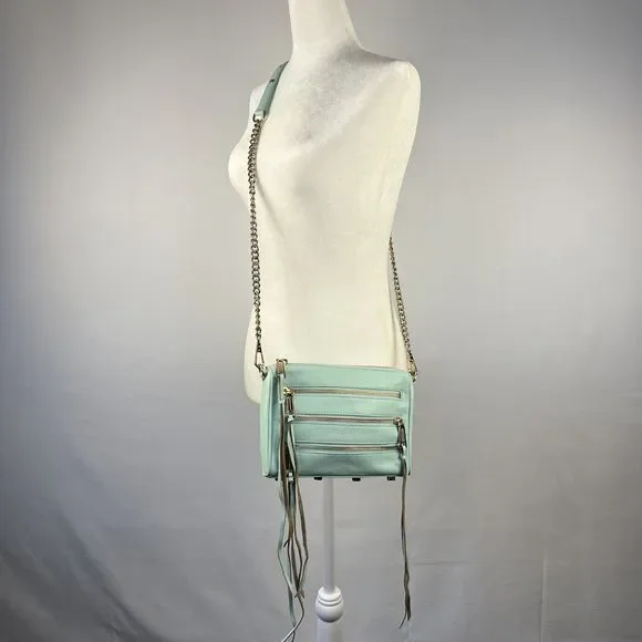 Rebecca Minkoff Crossbody Mini Bag Leather Purse Studded 5 Zip Mint Clutch Tote - Picture 1 of 16